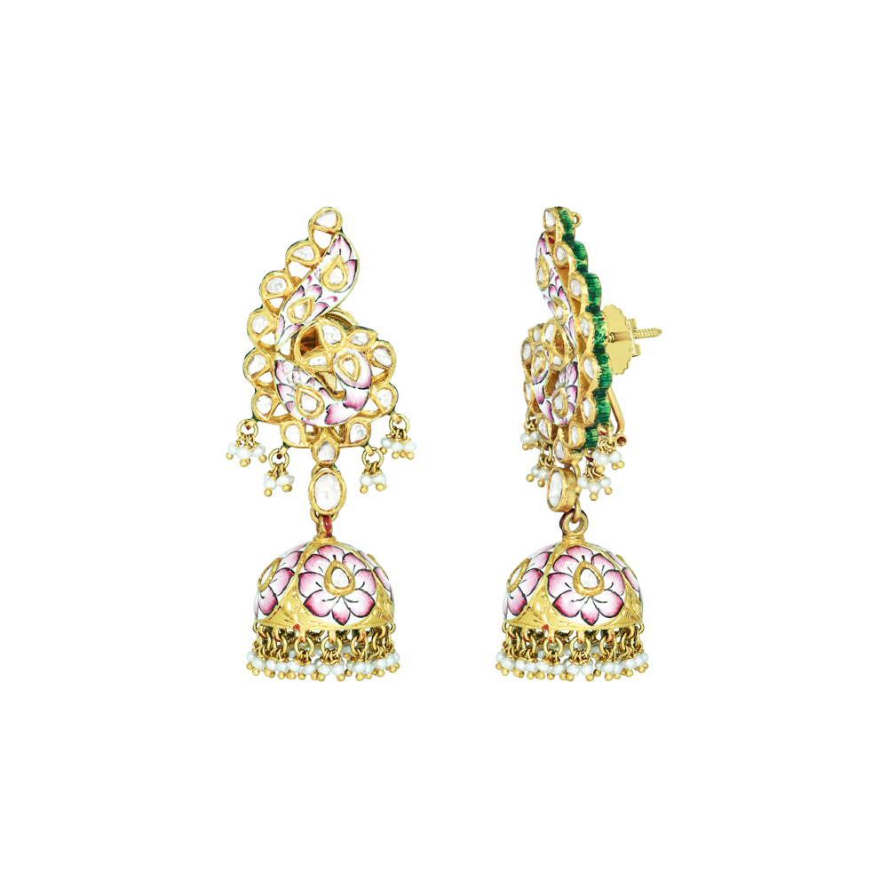 Polki Earrings with Pink Enamel Jhumkas and Pearls